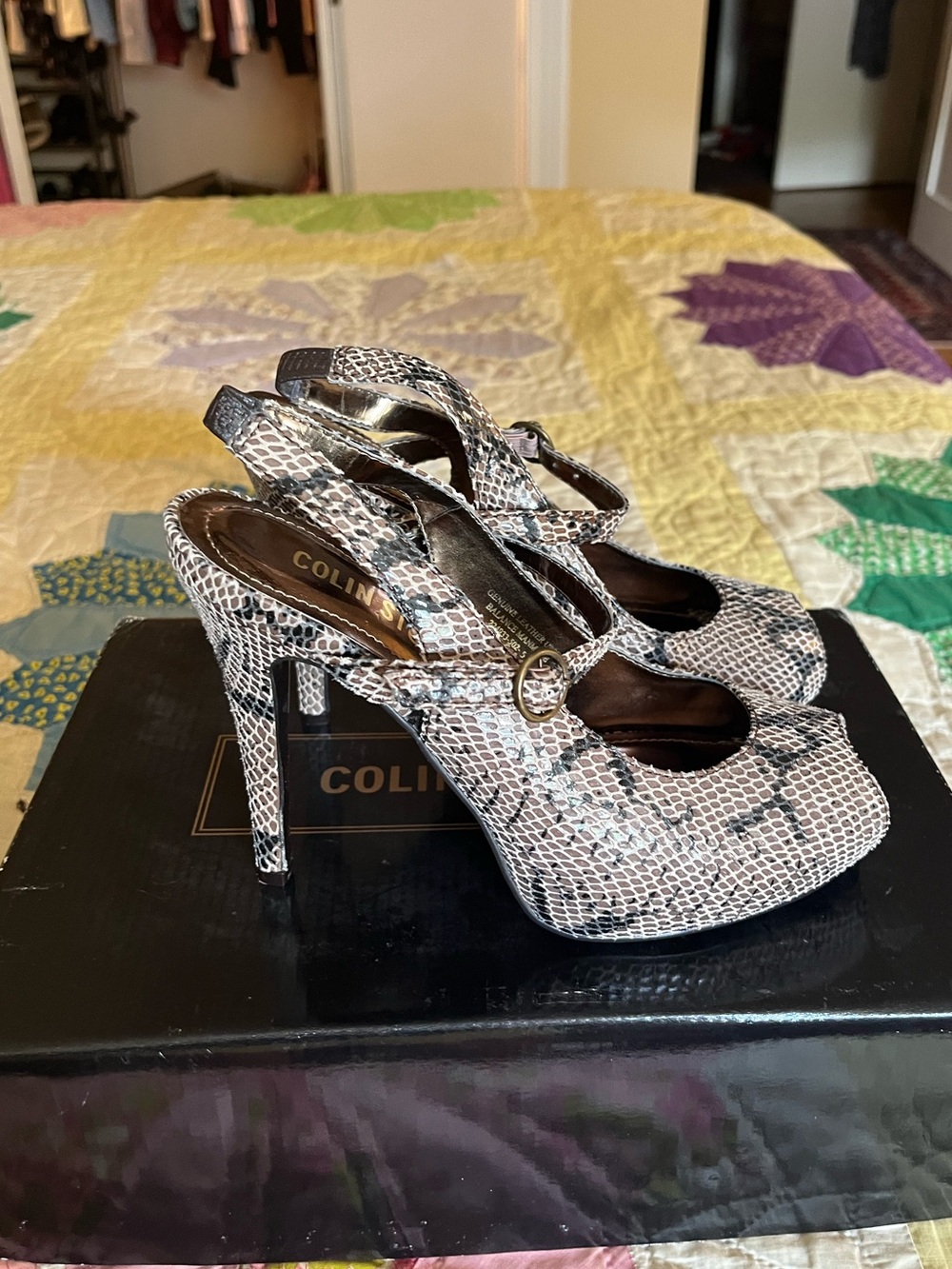 Colin Stuart Snake-Print Slingback Pumps in Black and White